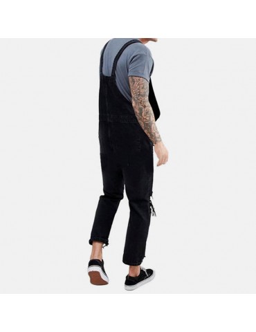 Mens Denim Ripped Solid Color Ankle Lenght Jumpsuits Suspenders