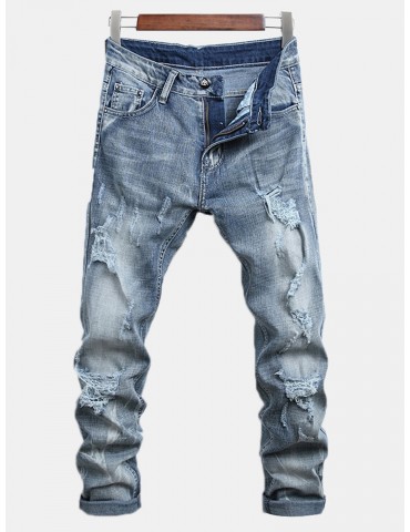 Holes Stylish Straight Washed Jeans For Men