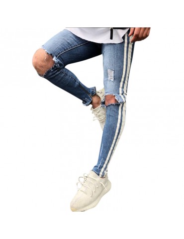 Men's Casual Pants Mid Waist Zipper Fly Jeans with holes
