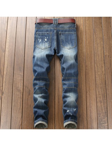 Hole Jeans Straight Fold Slim Jeans Nostalgic Trousers For Men