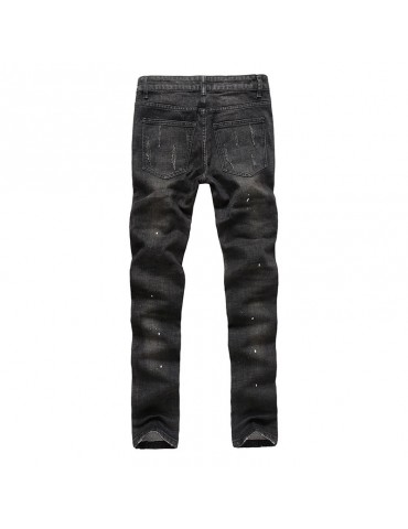 Hip-Hop Ripped Pants Knee Zipper Pocket Cotton Jeans for Men