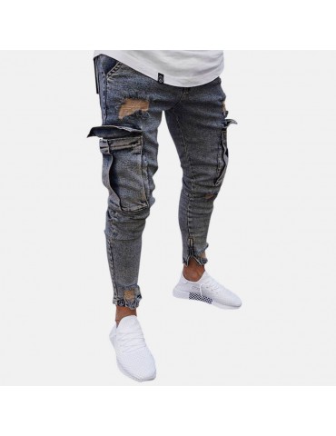 Cotton Multi Pockets Casual Ripped Jeans Denim Pants for Men