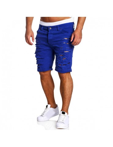 Pure Color Holes Ripped Stylish Casual Knee Length Jean for Men