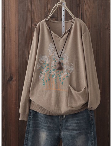 Casual Print Long Sleeve Overhead Sweater For Women