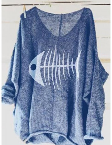 Casual Print Fish-bone Loose Long Sleeve Sweaters