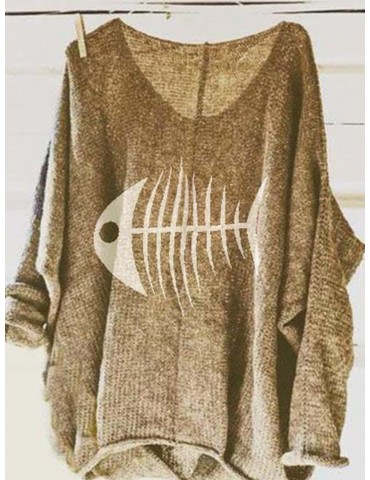 Casual Print Fish-bone Loose Long Sleeve Sweaters