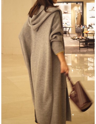 Long Sleeve Solid Hooded Loose Knitted Sweater Cardigan