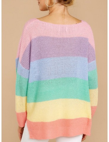 Casual Rainbow Striped V-neck Sweater