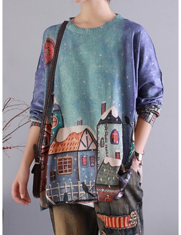 Gradient Cartoon Printed O-neck Long Sleeve Sweater For Women
