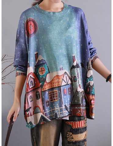 Gradient Cartoon Printed O-neck Long Sleeve Sweater For Women