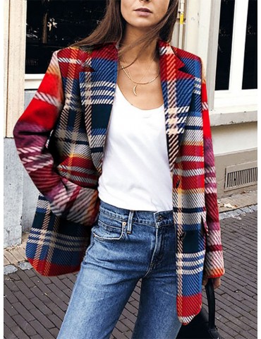 Multicolor Plaid Print Long Sleeve Lapel Jacket For Women