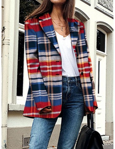 Multicolor Plaid Print Long Sleeve Lapel Jacket For Women