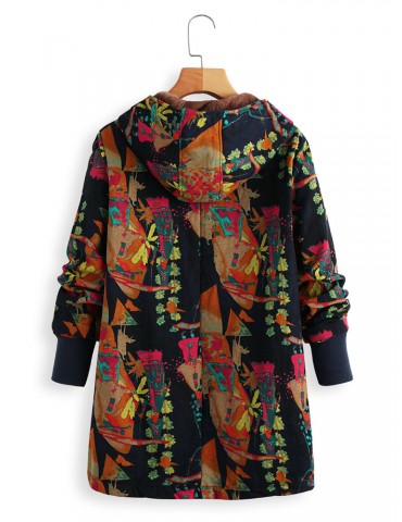 Vintage Print Button Hooded Coat