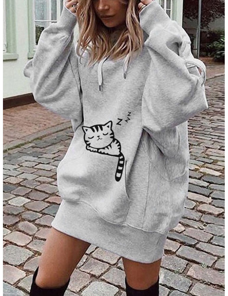 Cartoon Cat Printed Hooded Long Sweatshirt