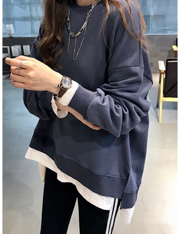 Fake Two Pieces Asymmetrical O-Neck Pullover Long Sleeve Sweatshirt