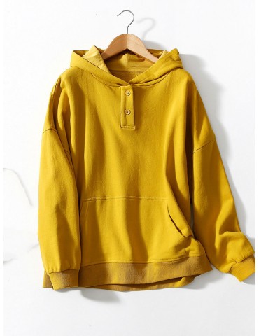 Solid Color Hooded Big Pocket Button Long Sleeve Loose Sweatshirt For Women