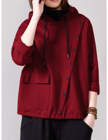 Casual Solid Color Side Button Pockets Hoodies For Women