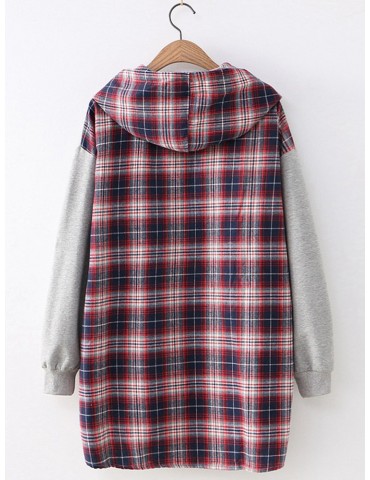 Letter Embroidered Plaid Patchwork Long Sleeve Hoodie For Women