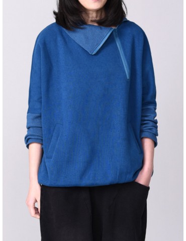 Casual Solid Color Side Zipper Turtleneck Pockets Sweatshirt