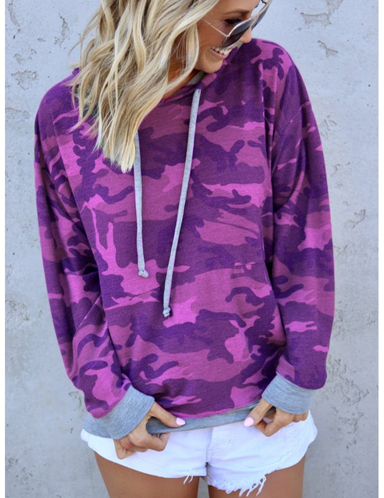 Camouflage Patchwork Long Sleeve Casual Hoodie For Women