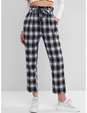 Plaid Belted Straight Paperbag Pants - Multi-a M