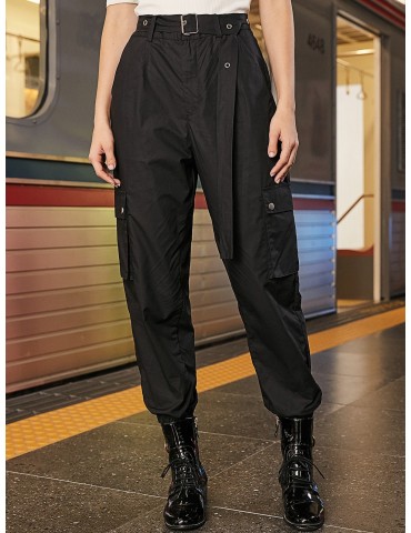 Solid Color Pockets Belted Jogger Pants - Black S