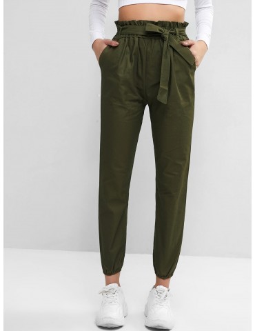 Solid Pockets Belted Paperbag Jogger Pants - Camouflage Green S