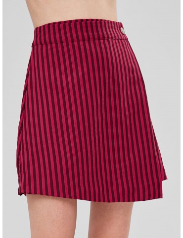 Striped Asymmetric Overlap Skirt - Red L