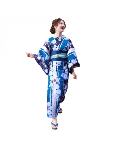 Yukata Women Custom Made Traditional Japanese Ladies Blue Morning Glory Mujer Kimono Summer Yukata Dress