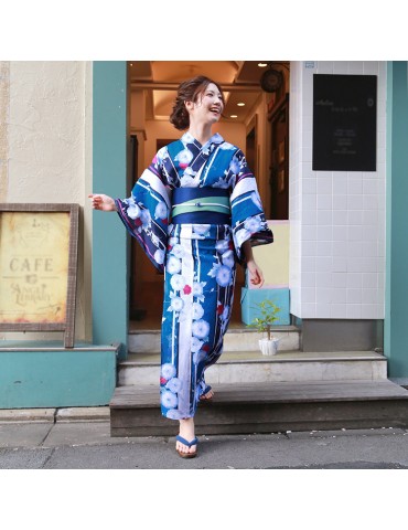 Yukata Women Custom Made Traditional Japanese Ladies Blue Morning Glory Mujer Kimono Summer Yukata Dress